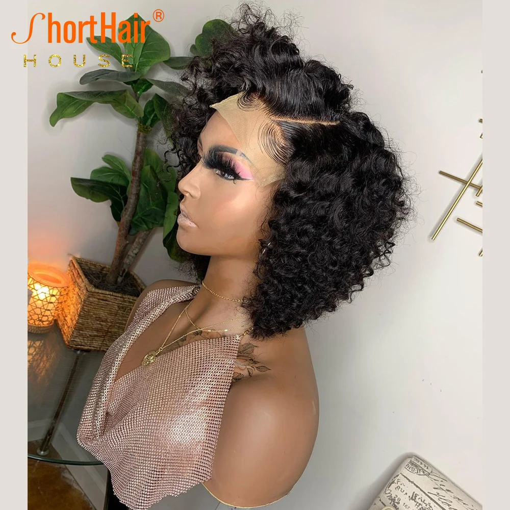 Deep Curly Side Parting Wigs 13x4 Lace Front Wigs For Women Human Hair Brazilian Short Curly Bob Wig Pre Plucked Invisible Lace