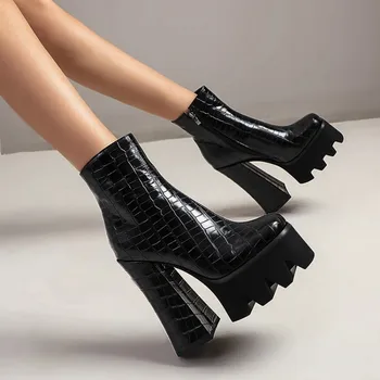 

Womens Ankle Boots Platform Punk Gothic Super Block High 15CM Heel Shoes Motorcycle Stone Pattern Black Warm Plus Size 34-43