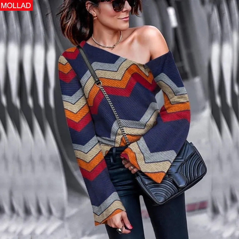 

Spring and Autumn Women's Off Shoulder Color Print Sweater Thin Pullover Tops