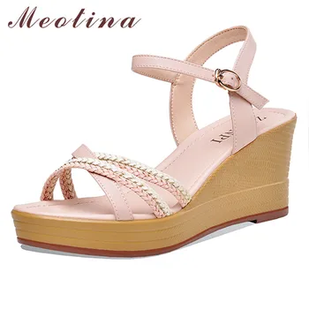 

Meotina Shoes Women Platform Wedge High Heels Sandals Round Toe Buckle High Heel Footwear Lady Summer Party Sandals Female Beige