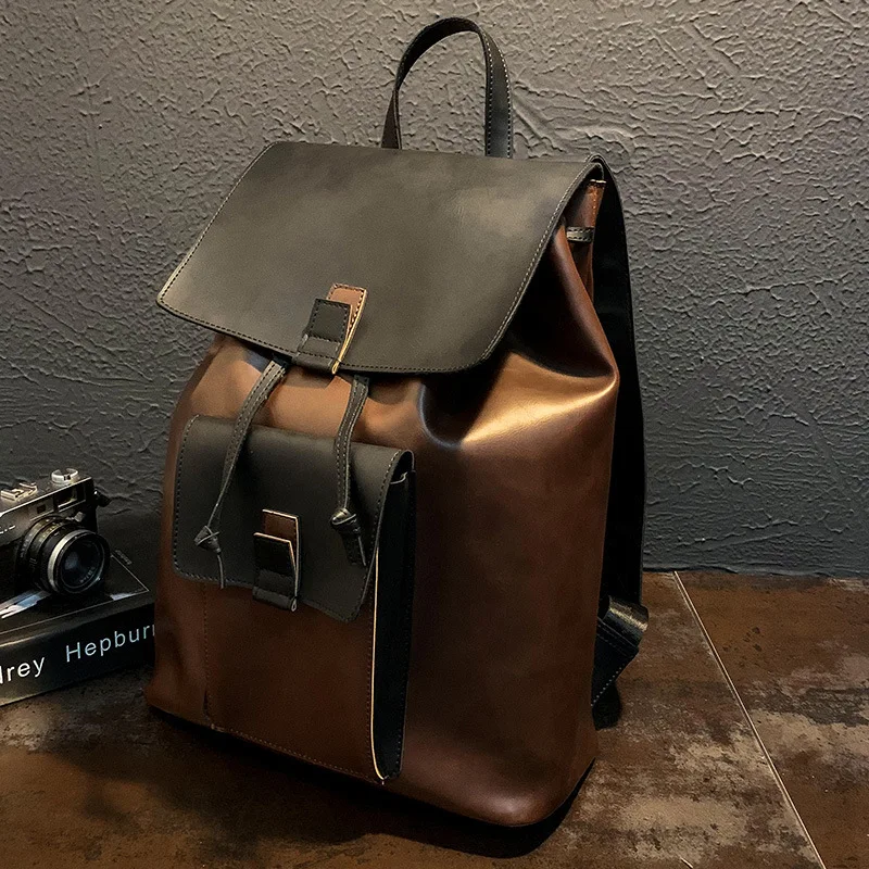 

High Quality Horse Leather Backpack Men's Korean-style Hide Substance Trend Flip Pull-belt Backpack Schoolbag Trend Bag