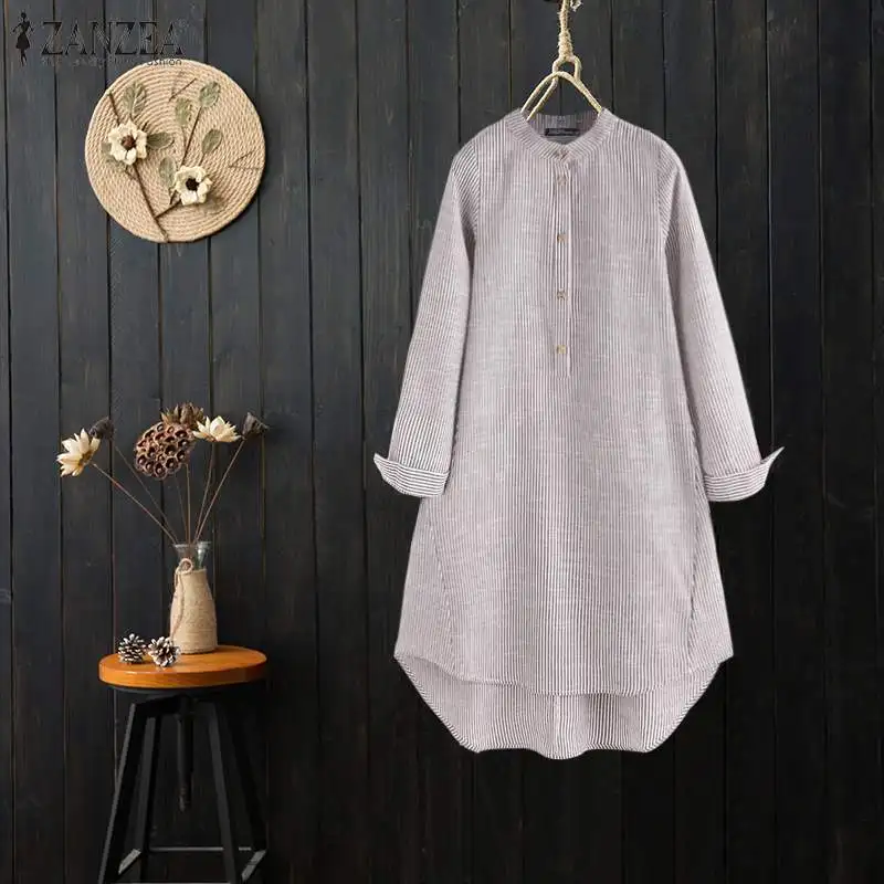 Женские хлопковые льняные Топы Blusas ZANZEA Женская Повседневная рубашка женская модная Полосатая туника блузка со стоячим воротником Chemiser Mujer