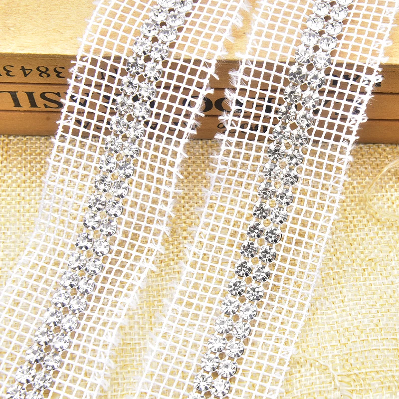 

5 Yards 2 Rows SS19 Rhinestone Sew on Mesh Trimming Crystal Lace Net Banding Applique for Clothes Bags Accessories