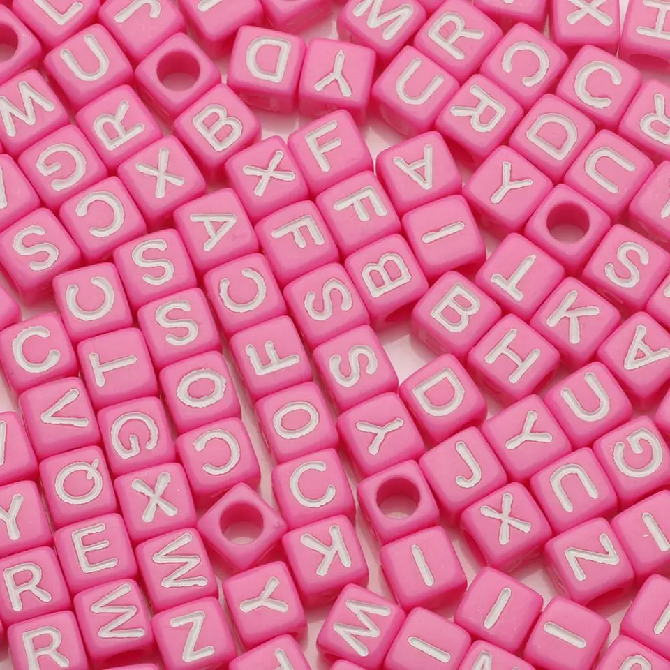 Dark Pink Transparent 6mm Cube Alpha Beads - White Letter Mix (200pcs)