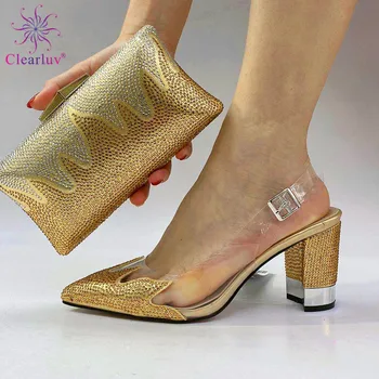 

INS Hot Selling Mature Lady Gold Color Shoes and Bag Set with Platform African Women Shoes and Bag to Match for Wedding Party
