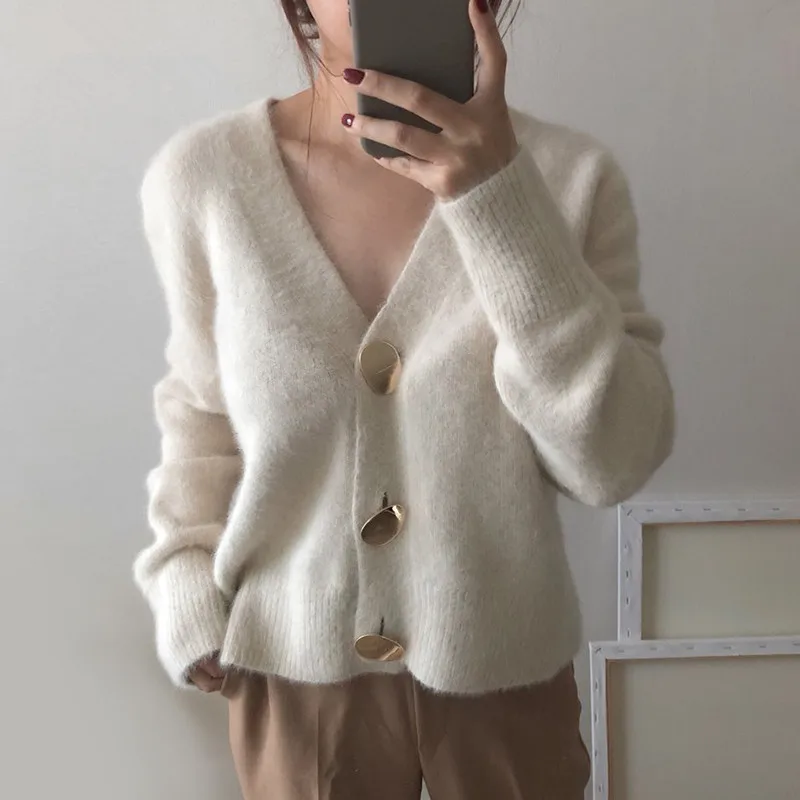 

2019 Autumn Winter Fashion Women Mink Cashmere Cardigan Sweater Female V-neck Knitted Long haired mink cashmere sweater