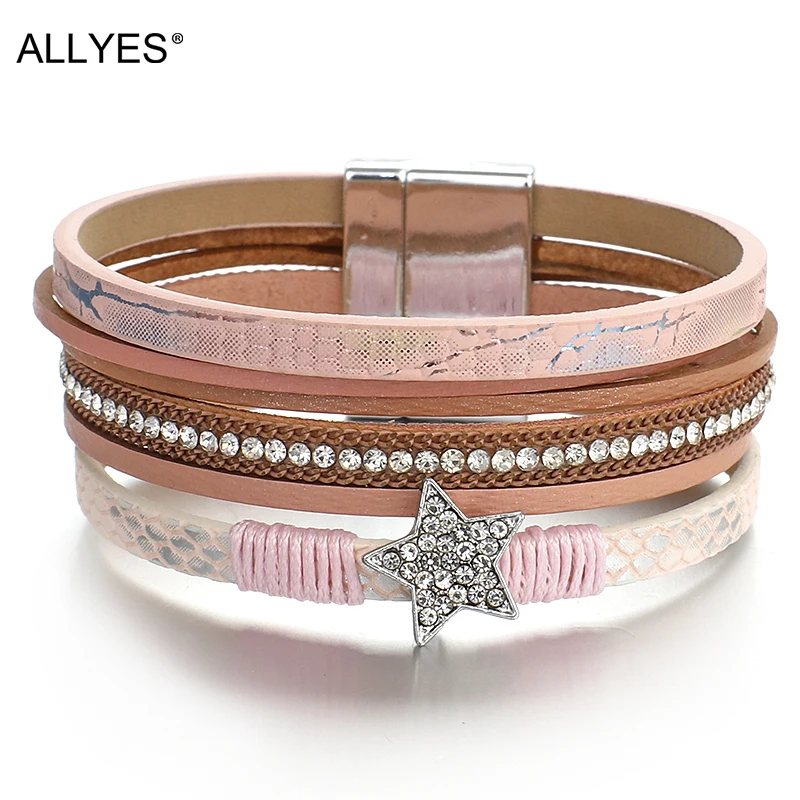 

ALLYES Pentagram Women Fashion Bracelet 2019 Crystal Charm Bohemian Multilayer Wrap Leather Bracelets & Bangles Femme Jewelry