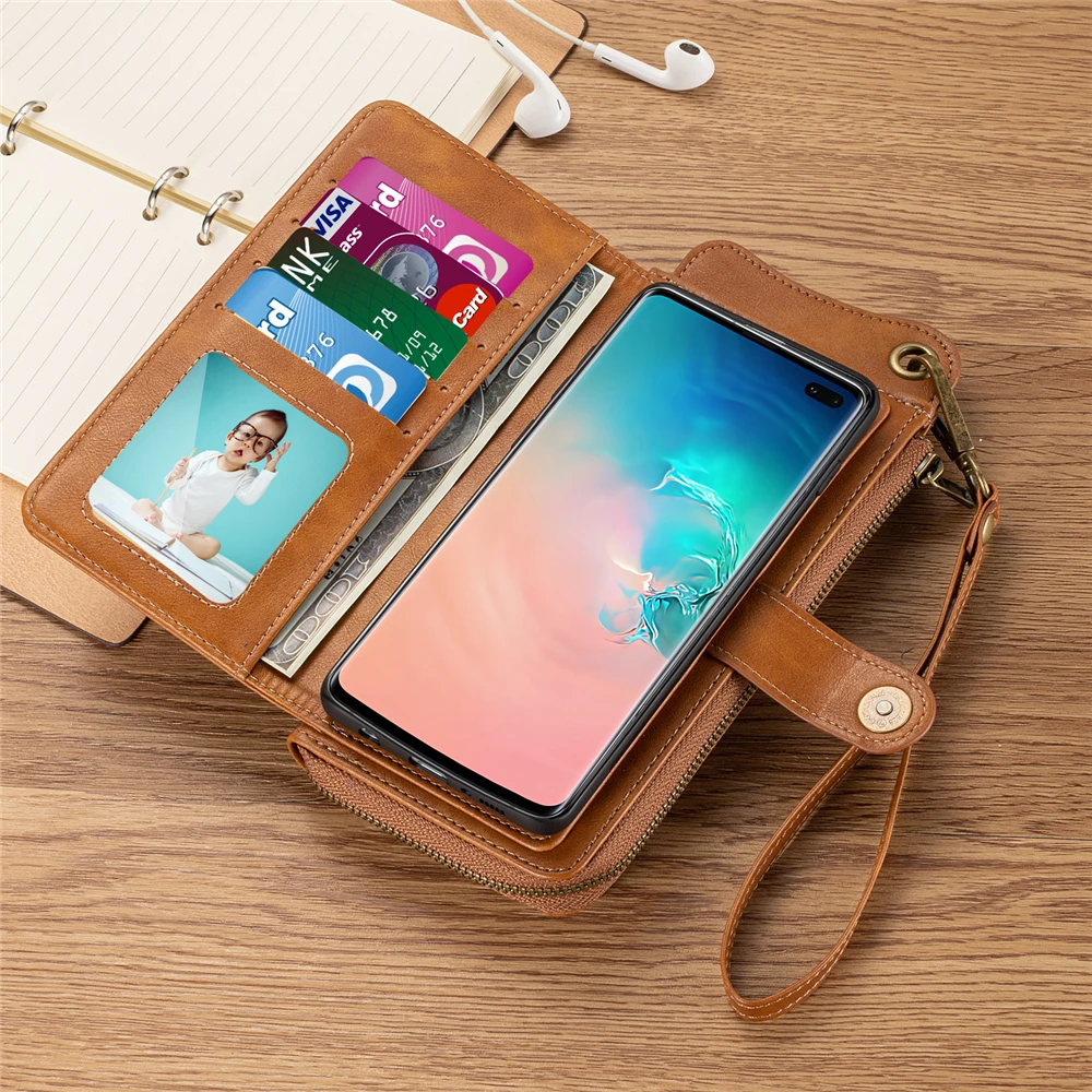 Роскошная кожаная сумка-кошелек с молнией чехол для Samsung Galaxy S10 Plus многофункциональный съемный чехол-книжка с отделением для карт, на магните чехол