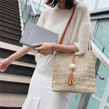 

Korean Style Tassel Wood Bead Casual Woven Shoulder Straw Bag Ins Summer New Style Versatile Bucket Bag