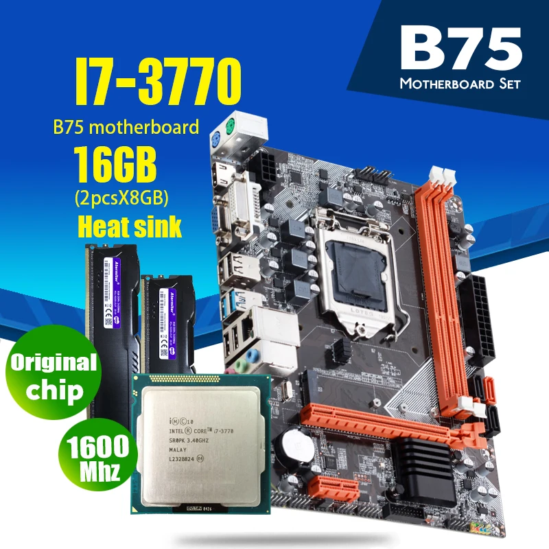 atermiter B75 motherboard set with Intel Core I7 3770 2 x 8GB = 16GB 1600MHz DDR3 Desktop Memory Heat sink USB3.0 SATA3|Motherboards| - AliExpress