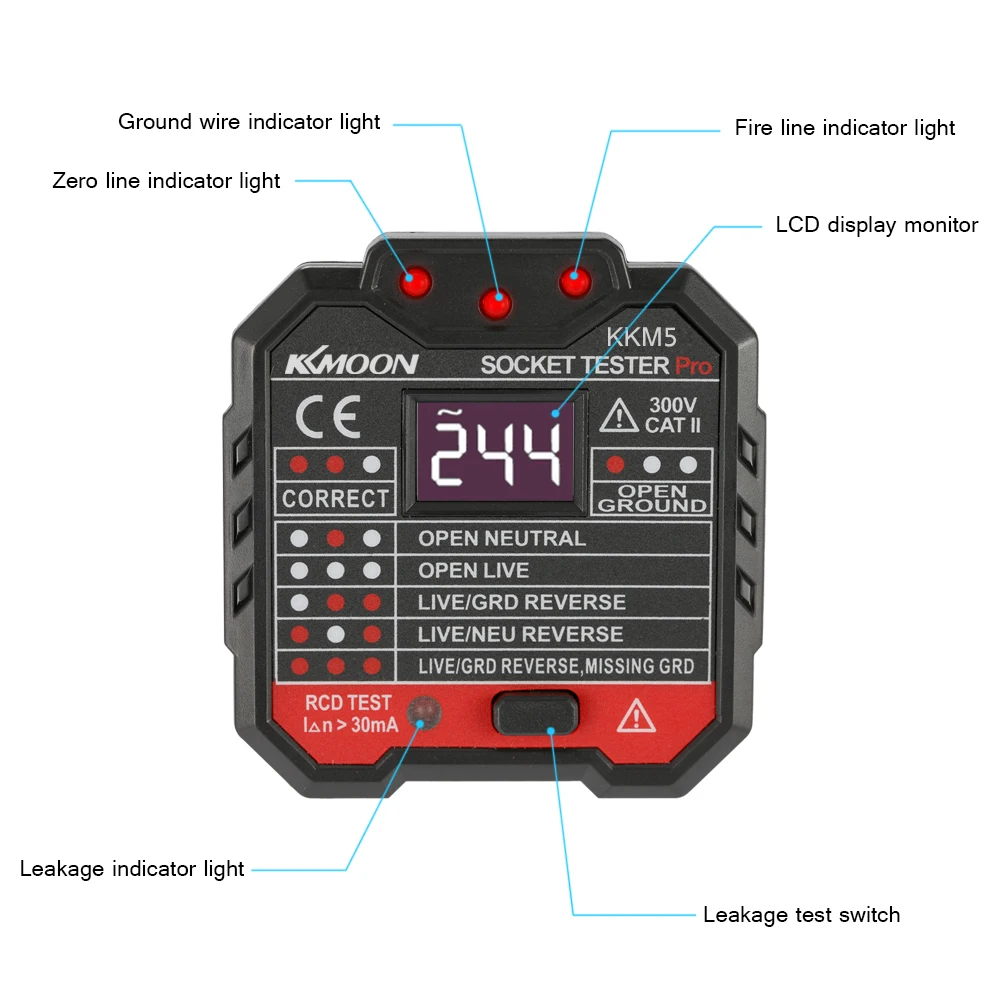 KKmoon KKM5 портативный цифровой дисплей Розетка детектор цепи полярности напряжение тест er настенный выключатель Finder RCD тест