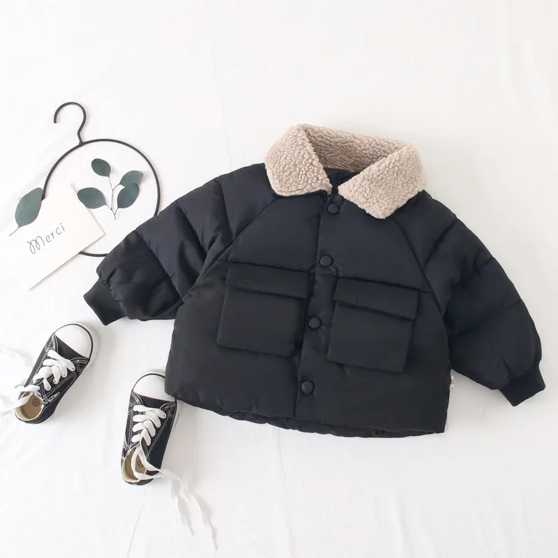 Children Coat Baby girls coats padded jackets winter Kids Warm lapel Outerwear Coat toddler Parker jacket Outerwear clothes - Цвет: Черный