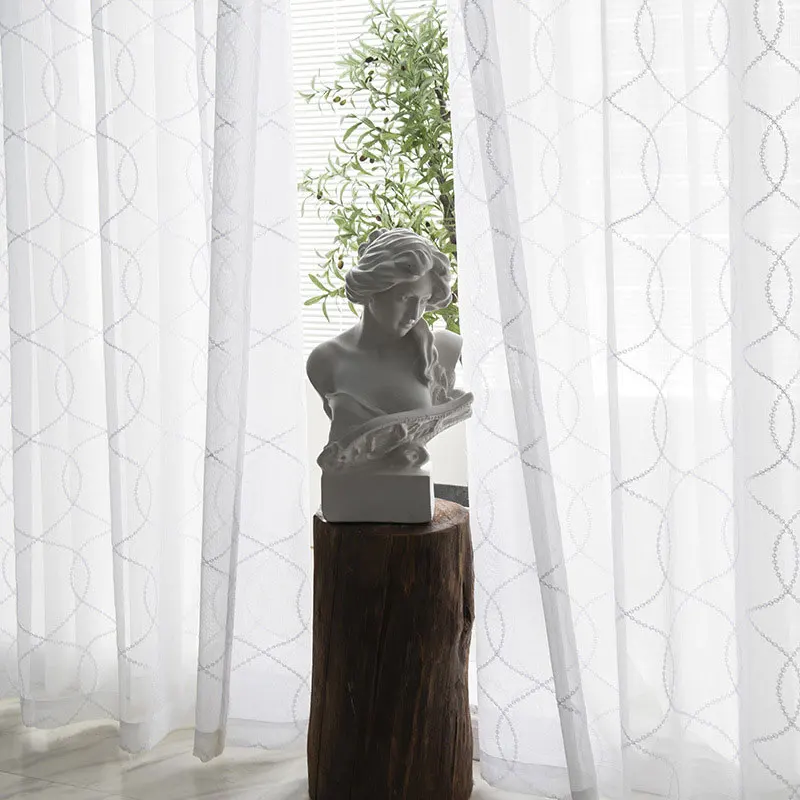 

White Embroidery Tulle Curtains for Living Room Modern Geometry Curve Sheer Voile Curtain for Bedroom Blind Drape Door Custom