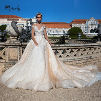 

Optcely Fascinating Scoop-neck Ball Gown Royal Champagne Wedding Dress Cap Sleeve Charming Train Appliques Beaded Bride Princess
