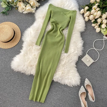 

Women Slim Shoulder Cross Knit Sweater Midi Dress Party Women Casual elegants