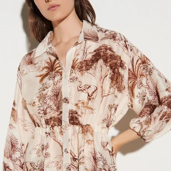 

2020 Autumn Winter French New Turn Down Collar Puff Sleeve Long Show Thin High Waisted Ruffle Print Dress Women A Line Dress