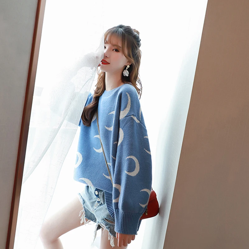 

2019 Kawayi Candy Crescent Women's Black Sweater Wilderness Dress unif korean top Pullovers O-Neck women sweaters