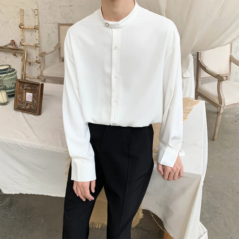 Мужская белая деловая Повседневная рубашка со стоячим воротником с длинным