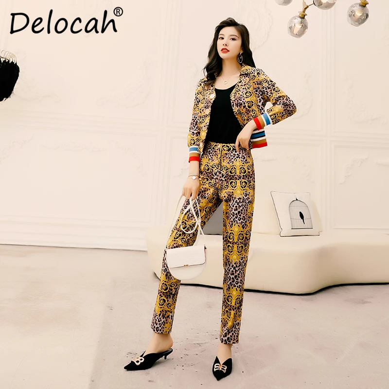 

Delocah 2020 Spring Summer Women Sets Runway Fashion Designer Vintage Printed Elegant Slim Long Pants Two Pieces Set Lady Suits