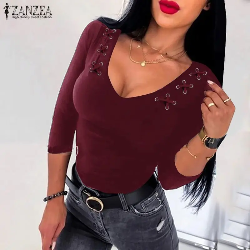 Женские топы и блузки, рубашка с длинным рукавом, ZANZEA, осень, для девушек, для работы, офиса, вязанная туника, топы, повседневные, одноцветные, эластичные, Chemiser Mujer