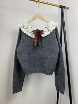 

New Womens Sweet Bowknot Sweater Peter Pan Collar Soft Lady Knitwear Jumpers female Pullover Top