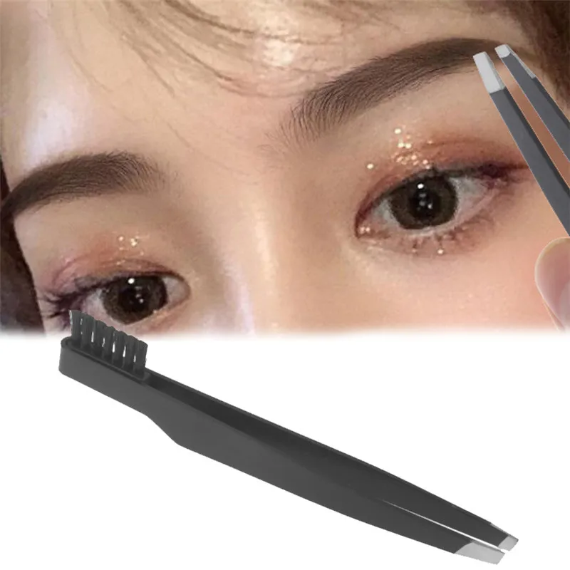 1PC Black Stainless Steel Eyebrow Tweezer + Comb Beauty Hair Slanted Puller Eye Brow Clips Makeup Tools