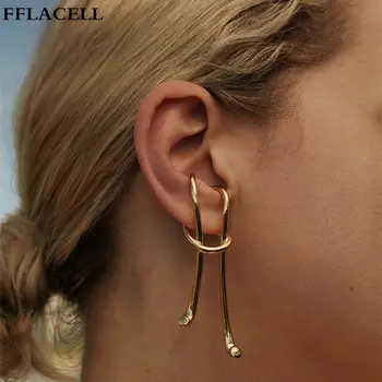 

FFLACELL New Fashion Personality Exaggerated Geometric Long Ear Clips Earring NO Piercing Gold Metal For Women Girls Gift