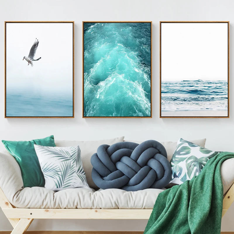 Blue Sea And Sky Nordic Landscape Canvas Painting Free Seagull Waves Beach Art Poster Living Room Decor Sebirds Wall