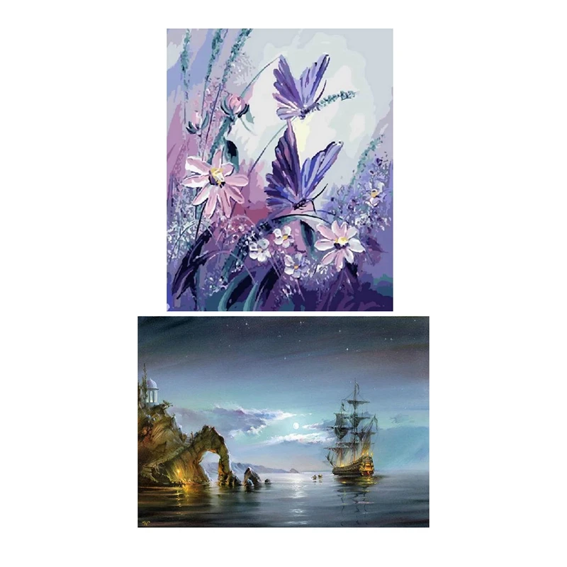 2 набора 16X20 дюймов DIY Цифровая масляная краска для рисования по номерам набор безрамный домашний декор, 1 набор бабочка с фиолетовым цветком