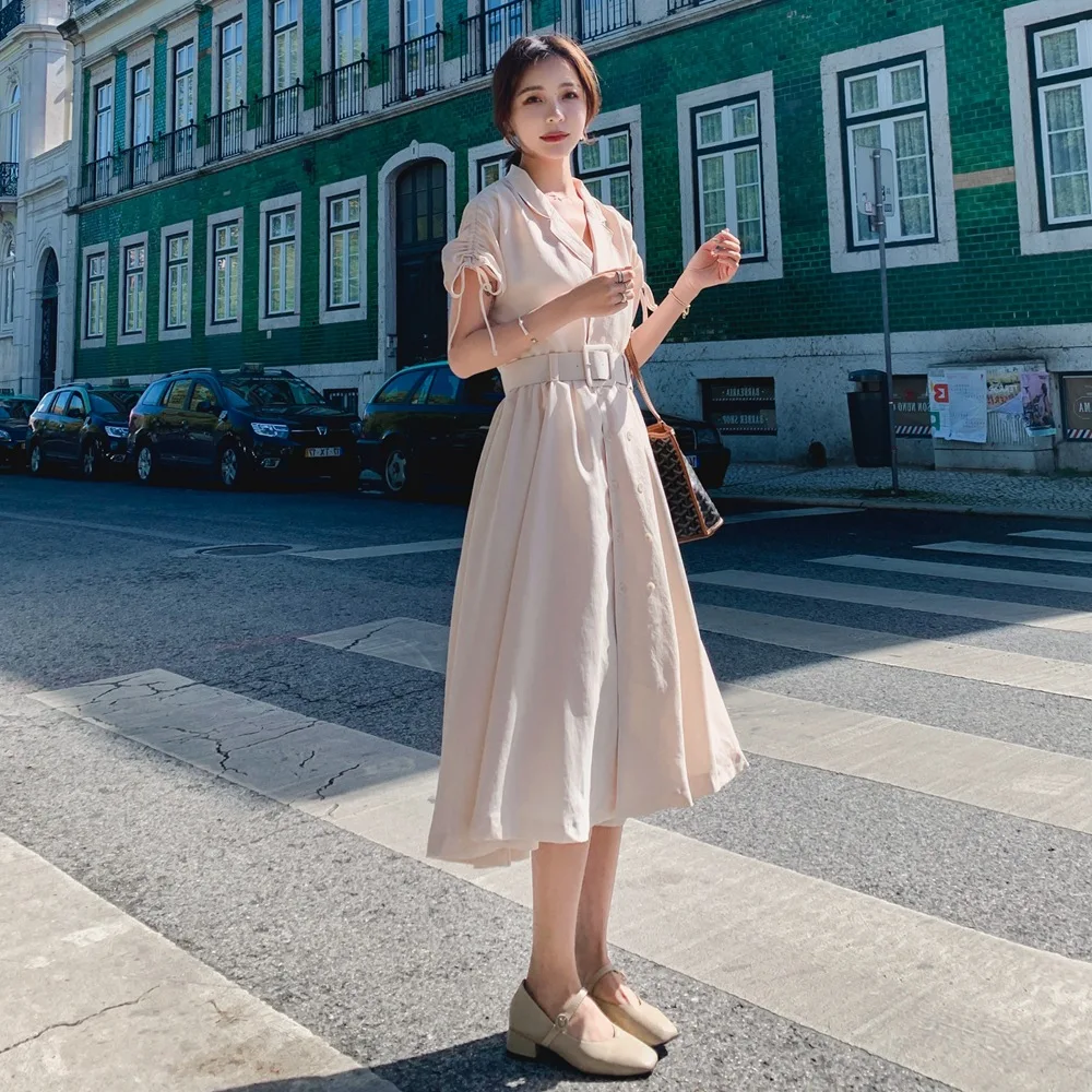 

Photo Shoot 2019 Summer New Style Korean-style WOMEN'S Wear-Style Retro CHIC-Style Waist Hugging Lace-up Shirt Skirt Dress