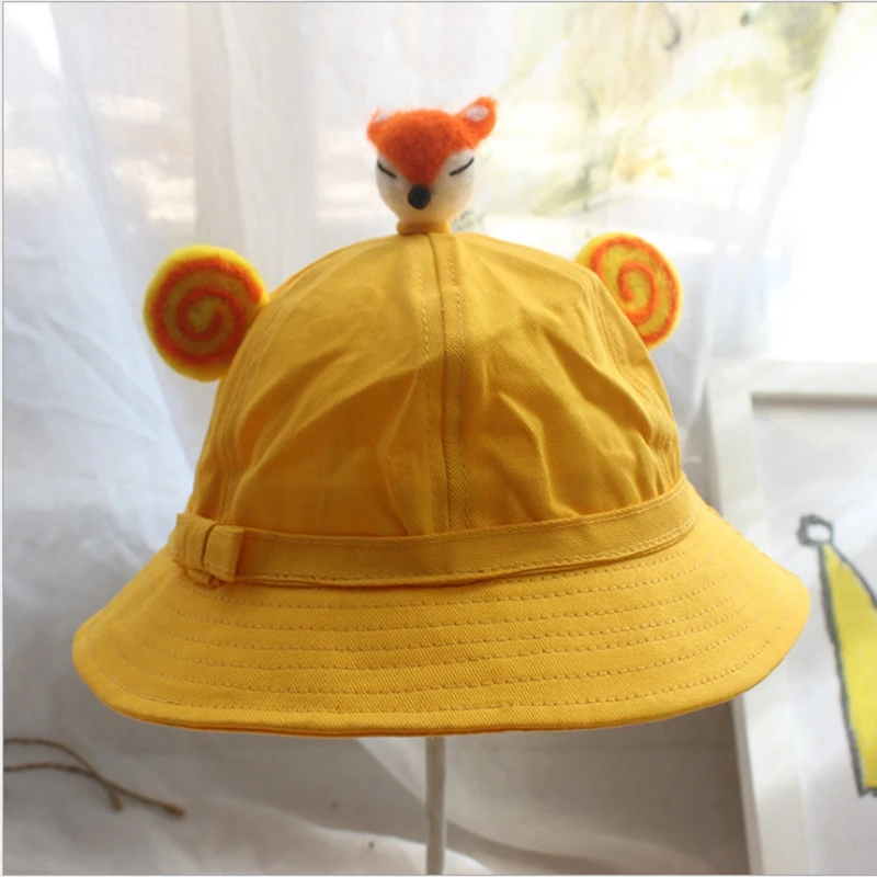 kids and audlt bowknot cap cotton thin hat cartoon wool felt small yellow hat kindergarten baby sunshade fisherman hat - Цвет: C