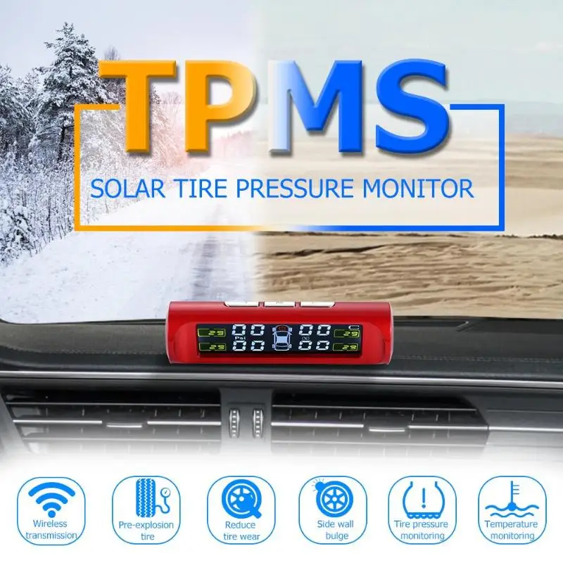 Система контроля давления в автомобильных шинах TPMS, беспроводная Солнечная ЖК-система, внутренние/внешние датчики, система охранной сигнализации, красное давление в шинах