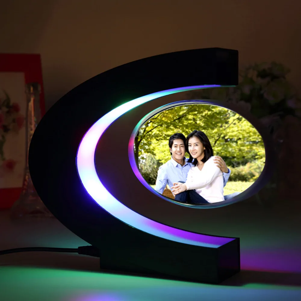 

C shape Electronic Magnetic Levitation Floating Globe Photo Frame Blue light US Plug Birthday Gift Xmas Decor Wedding Gift