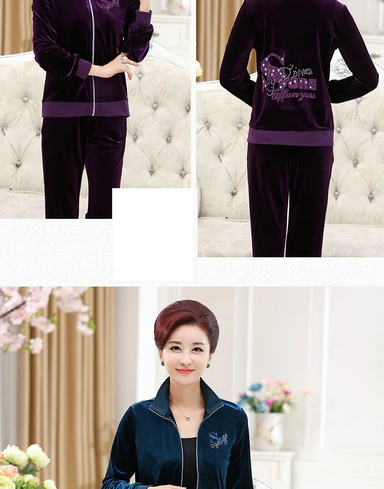 Winter Thick Warm Sporting 2 Piece Sets Middle-aged Women Gold velvet Sportswear Sets Suit Plus size Loose Tracksuit Coat+Pants