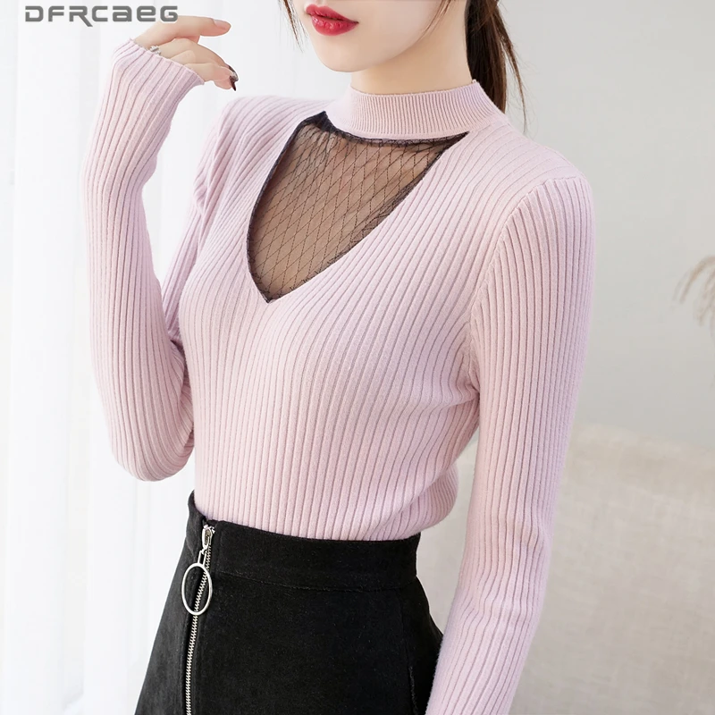 

Elegant Mesh Lace Knit Sweater Women Vintage Autumn Winter Tops Knitted Turtleneck Pull Femme Hollow Out Sexy V-neck Pullover