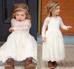 Country Beach Weddings Long Sleeves Cheap Boho Girl Pageant Gowns Kids Princess Communion gown Full Lace Flower Girl Dresses