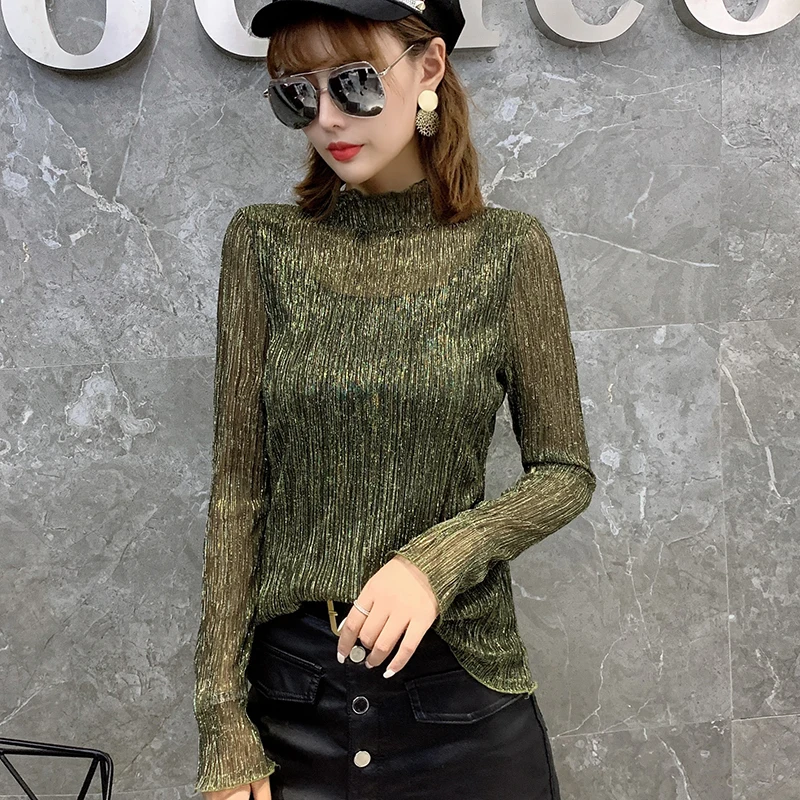 

COIGARSAM Office Lady Lace blouse women New Spring Full Sleeve Chiffon Solid blusas womens tops and blouses Navy Gold 366