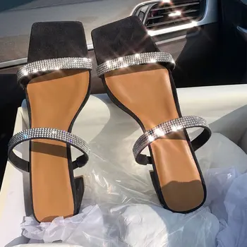 

2020 Summer New Sexy Sandals Slippers Square Toe Rhinestone Narrow Band Block High Heels Sandals Flock Elegant Party Flip Flops