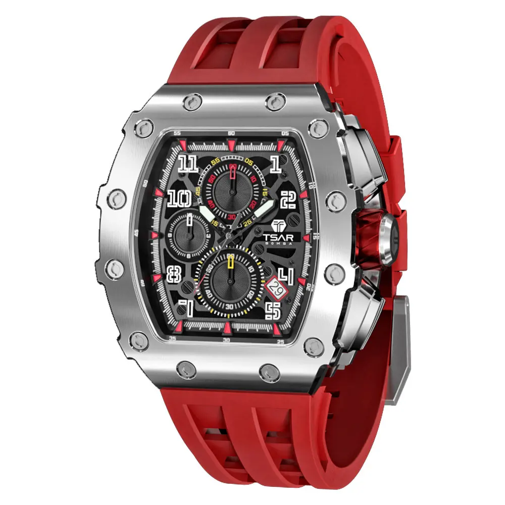 TSAR BOMBA Watch for Men Luxury Top Brand Quartz Tonneau Wristwatch 50M Waterproof Sapphire Clock Chronograph Fashion Mens Watch 