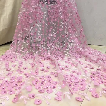 

8colors Lovely 3D flowers appliqued tulle lace fabric pink African French net lace fabric with beads for party dress FZZ422