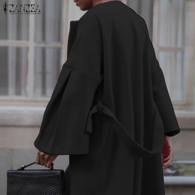 astounding  Women's Coat Winter Flare Sleeve Coats ZANZEA 2019 Female Outwear Belted Jackets Casaco Femme Long 
