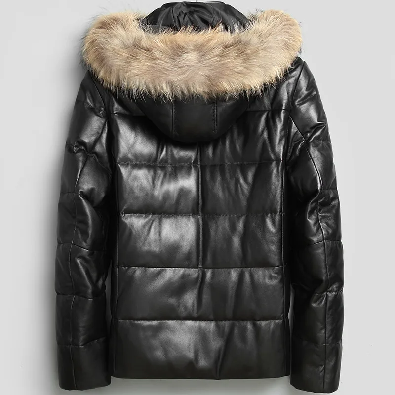 

Short Genuine Leather Jacket Men Down Jacket Winter Sheepskin Coat Racoon Fur Collar Leather Jacket LSY080066 KJ1087