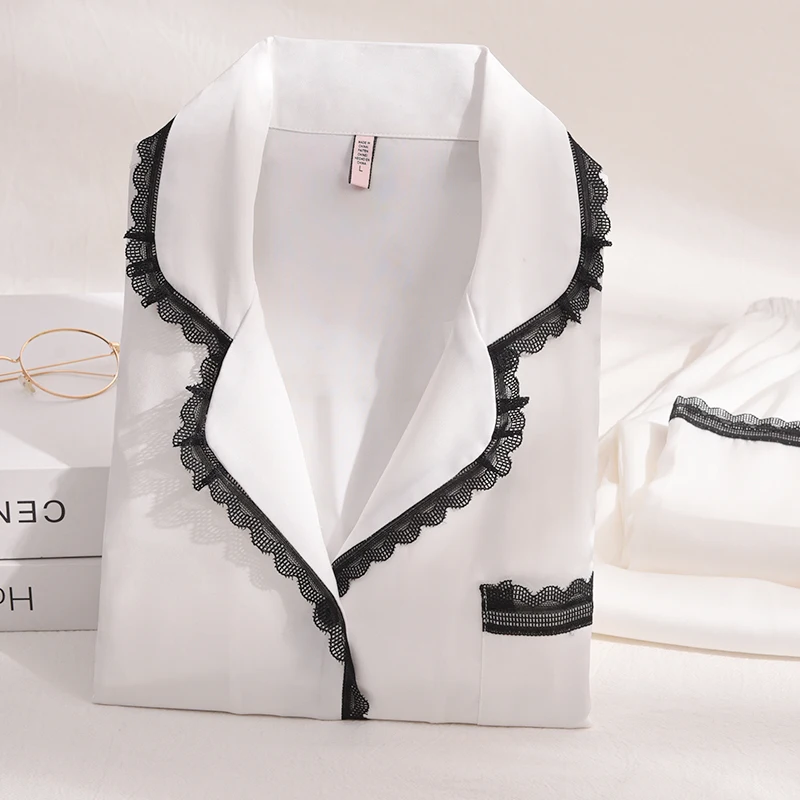 Summer Satin Pajamas Women Black Silk Pyjama Femme Long Sleeve Lace Sleepwear White Pj Satin Set Nightwear Ice-Silk Pijama Mujer