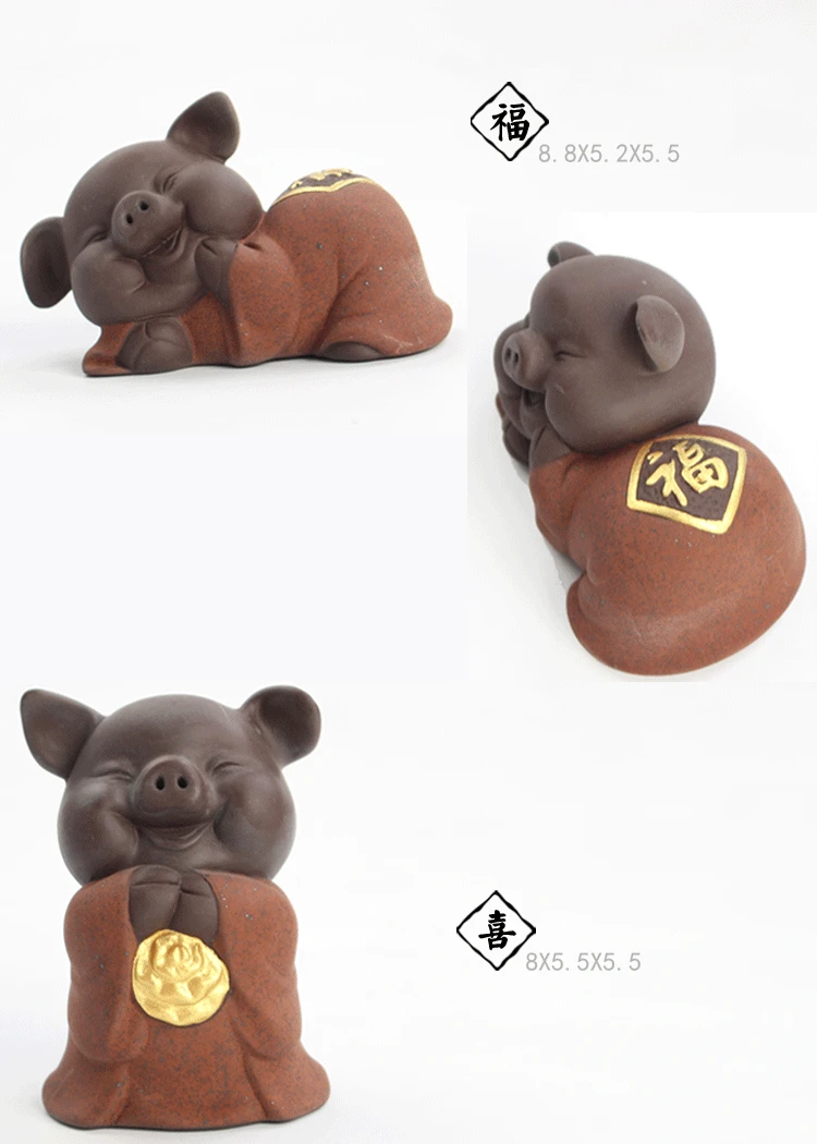 Five Blessings Piggy Color Sand Tao Home Tea Tray Creative Decoration Ceramic Tea Ornaments Piggy Three Gods of Fortune, Prosp