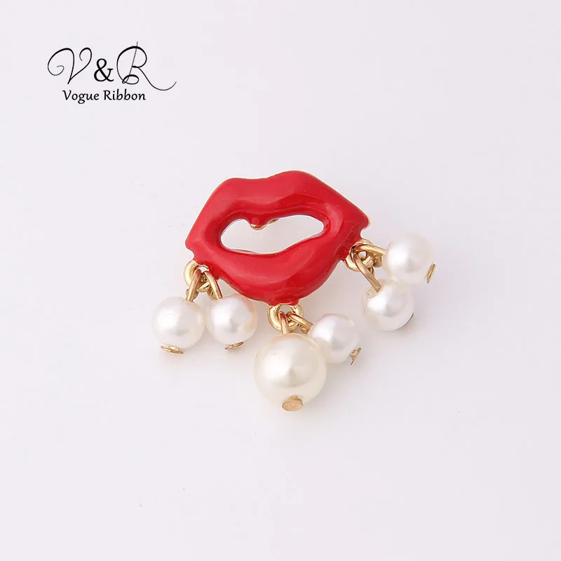 Imitation gold plated brooch pin, sexy red epoxy lip with acryli pearl, fashion jewelry for girl  (7)