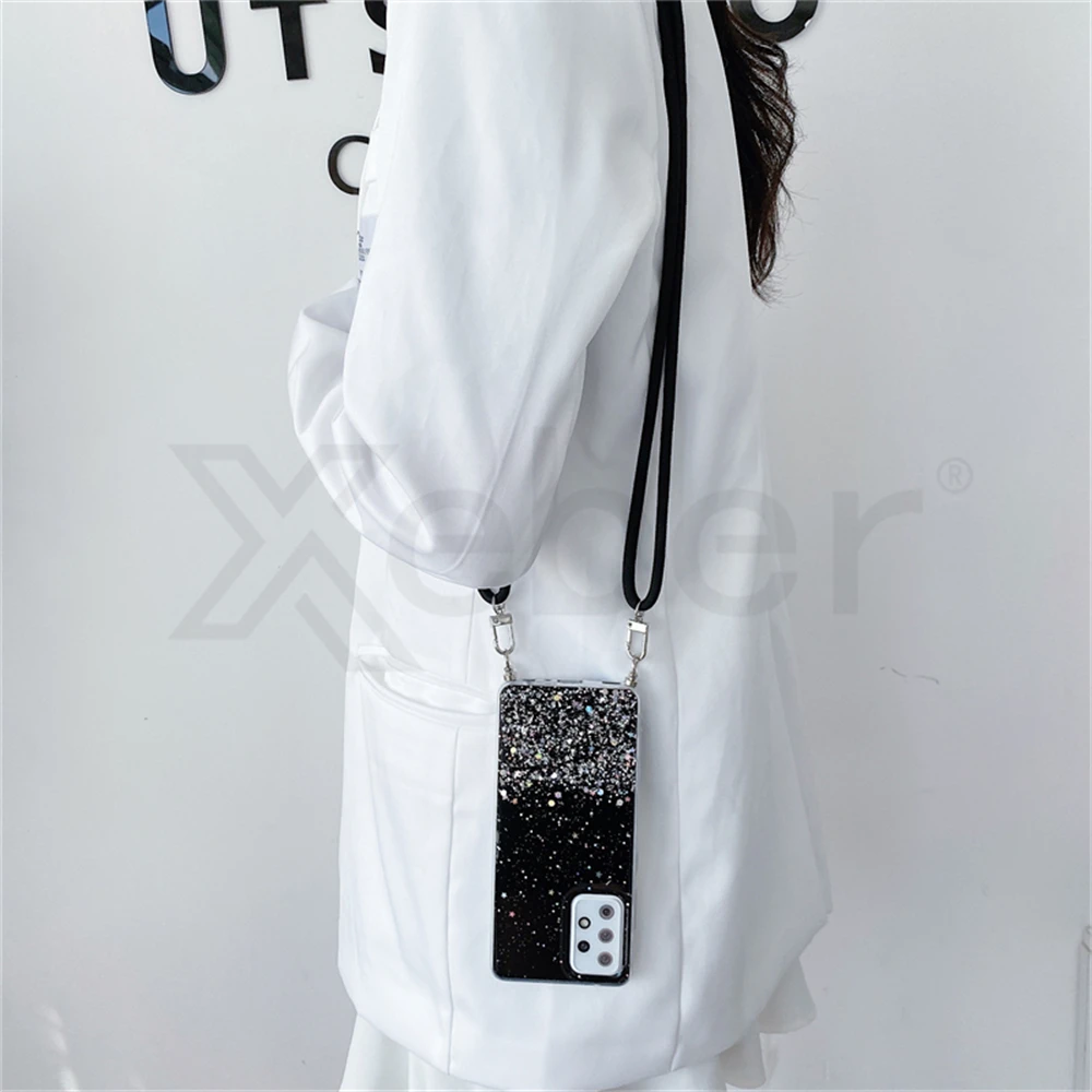 Crossbody Lanyard Strap Glitter Cell Phone Case with Silicone Cover