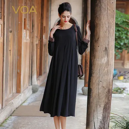 VOA размера плюс шелковое платье трапециевидной формы с вышивкой Женские вечерние летние платья с длинным рукавом черная sukienki одежда A7521 - Цвет: 01