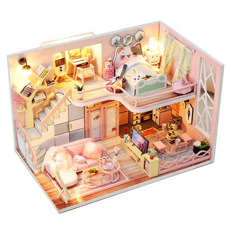 

Kids Toys DIY Wooden Cottage Assembled Doll House Model Building Kit Blocks Kawaii Dollhouse Creative Birthday Gift For Girl