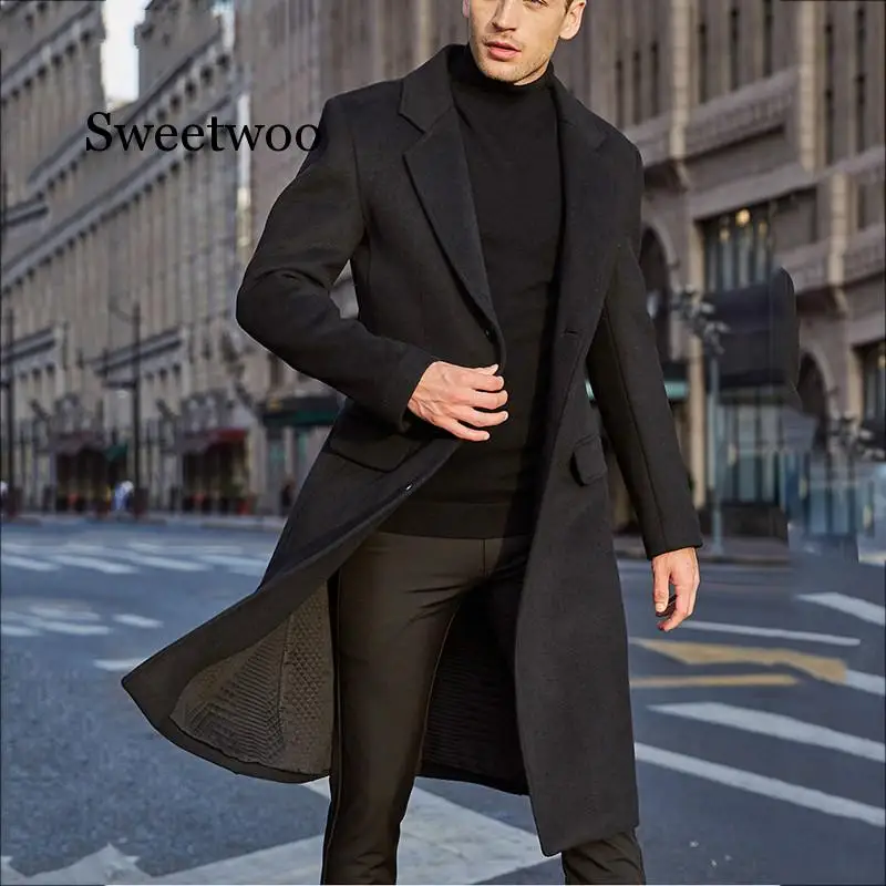 Winter Men Coats Woolen Solid Long Sleeve Jackets Fleece Men Overcoats Streetwear Fashion Long Trench Outerwear 2020 5XL
