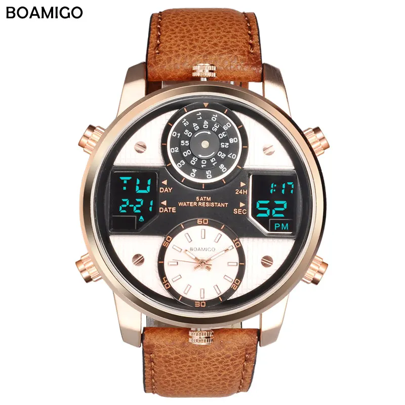

BOAMIGO Men Quartz Watches 3 time zone Watch LED Digital Sports Watches Male Leather wristwatches Man Clock Relogio Masculino